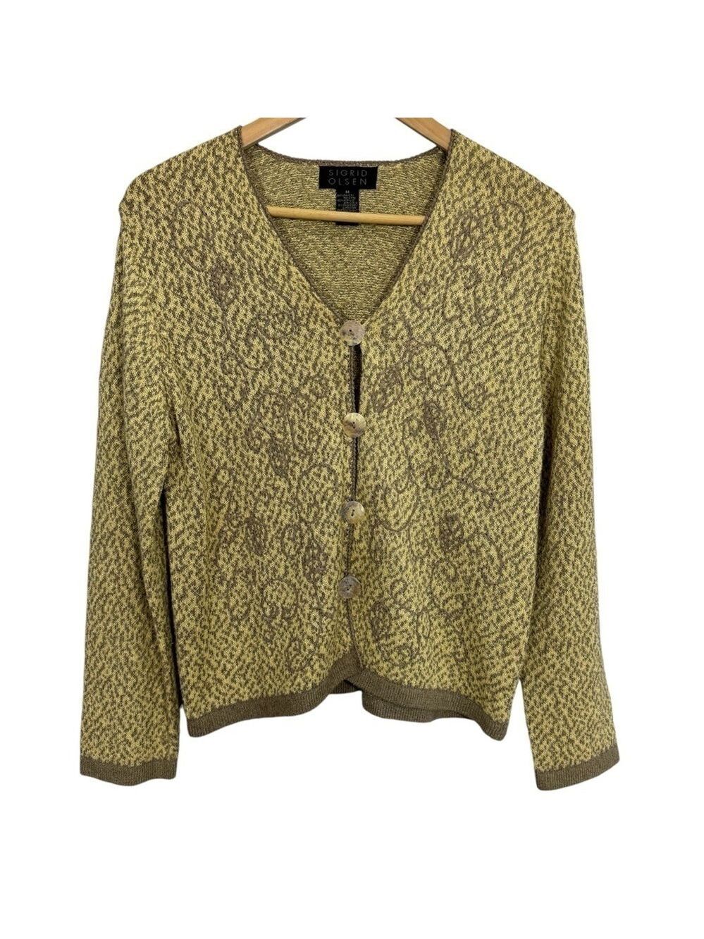 Sigrid Olsen Knit Cardigan Sweater Womens M Yellow Beige Shell Button Front GUC